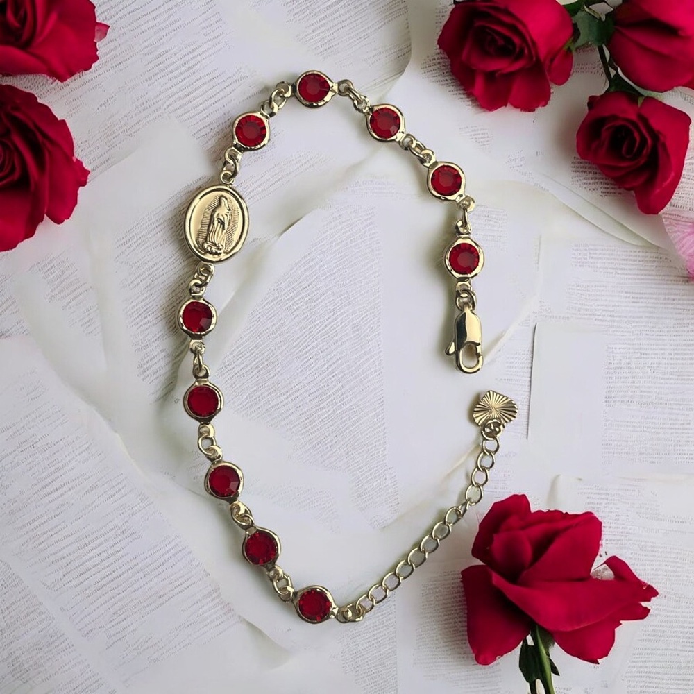 Set of 2 14k Gold Electroplated  Lady of Guadalupe Red Religious Bracelet